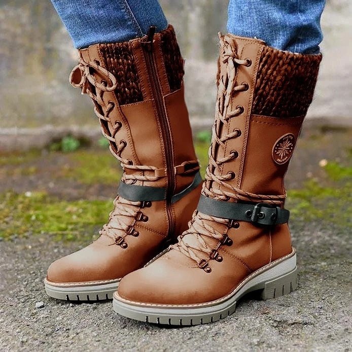 Women’s Mid-Calf Boots – Structured Fit – Knit Trim – Lace-Up Zip – Non-Slip Sole