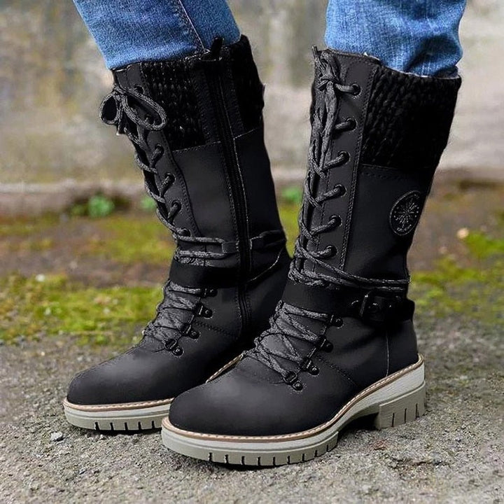 Women’s Mid-Calf Boots – Structured Fit – Knit Trim – Lace-Up Zip – Non-Slip Sole