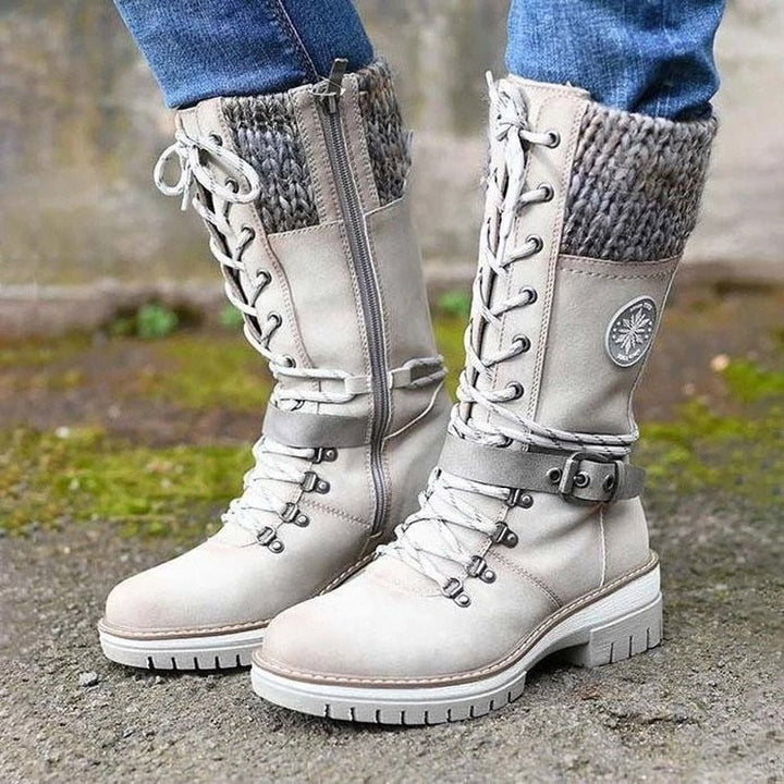 Women’s Mid-Calf Boots – Structured Fit – Knit Trim – Lace-Up Zip – Non-Slip Sole