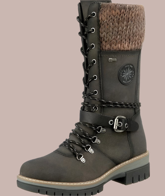 Women’s Mid-Calf Boots – Structured Fit – Knit Trim – Lace-Up Zip – Non-Slip Sole
