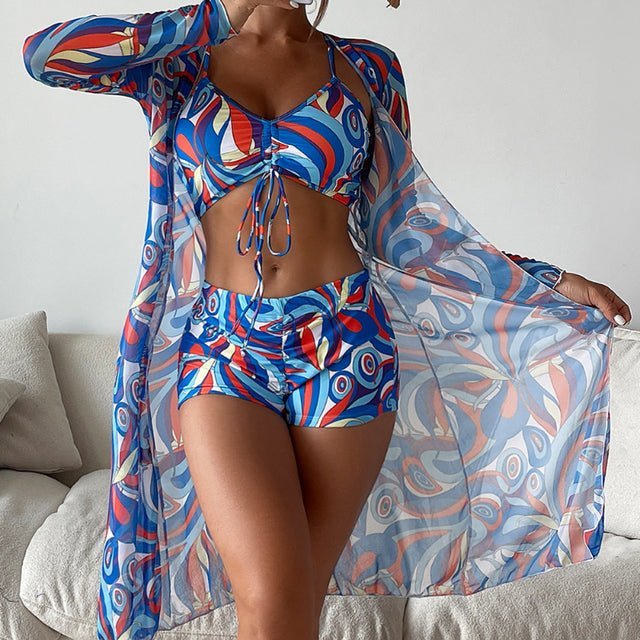 Women’s Bikini Set – V-Neck Tie Top – High-Waist Ruched Bottom – Sheer Long Cover-Up