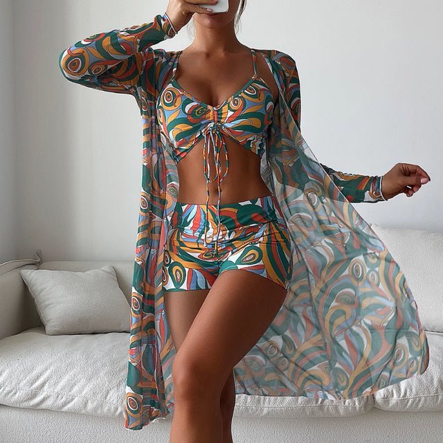 Women’s Bikini Set – V-Neck Tie Top – High-Waist Ruched Bottom – Sheer Long Cover-Up