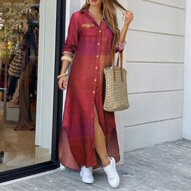 Women's Maxi Shirt Dress - Button-Down - Three-Quarter Sleeves - Plaid Pattern