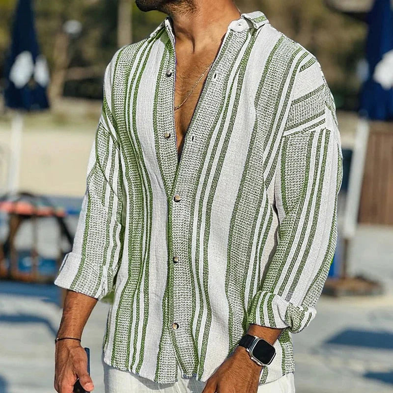 Men’s Casual Shirt – Relaxed Fit – Vertical Stripes – Button-Up Natural Fibers