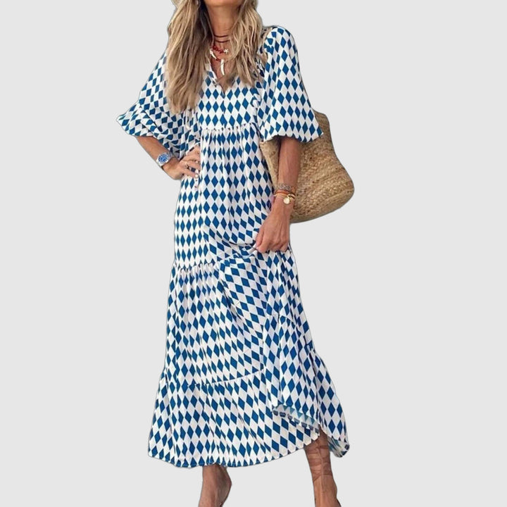Women's Maxi Dress - Geometric Diamond Pattern - Half Sleeve - V-Neck Loose Fit