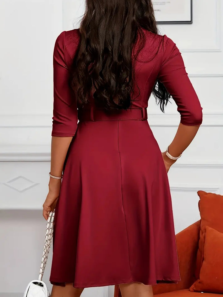 Women's Knee-Length Dress - Fit and Flare - 3/4 Sleeve - Zippered Neckline - Belted