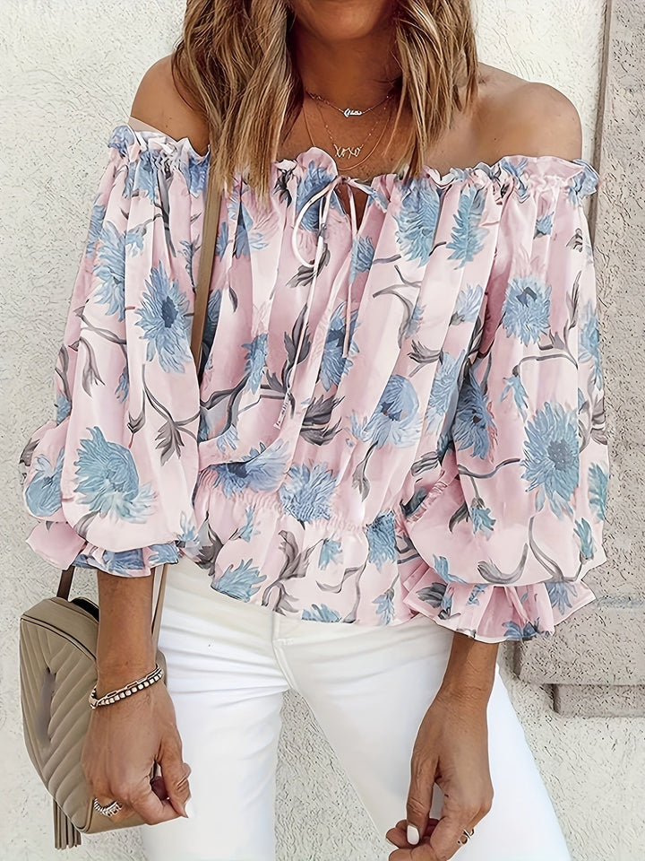 Women’s Off-Shoulder Blouse – Floral Print – Long Puff Sleeve – Tie Front – Casual Fit