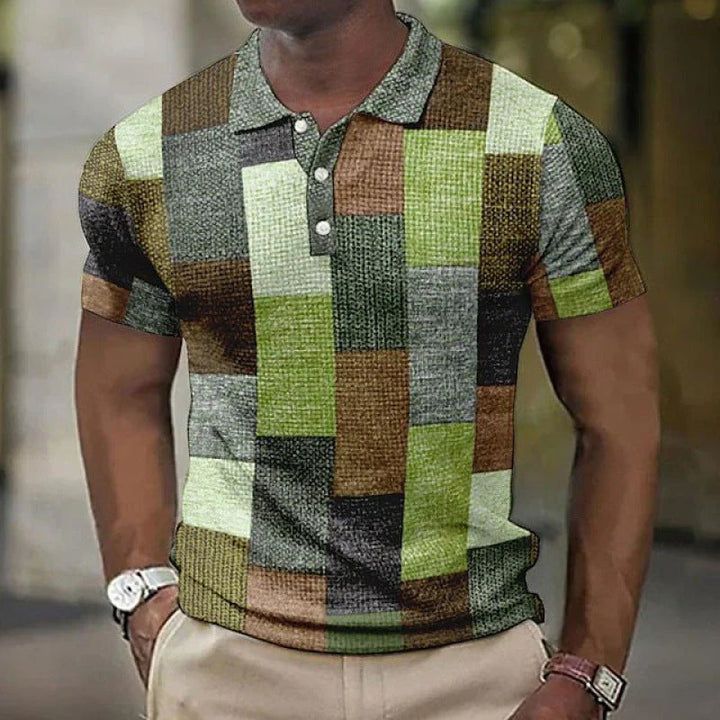 Men’s Polo Shirt - Patchwork Design - Short Sleeve - Classic Collar - Casual Fit