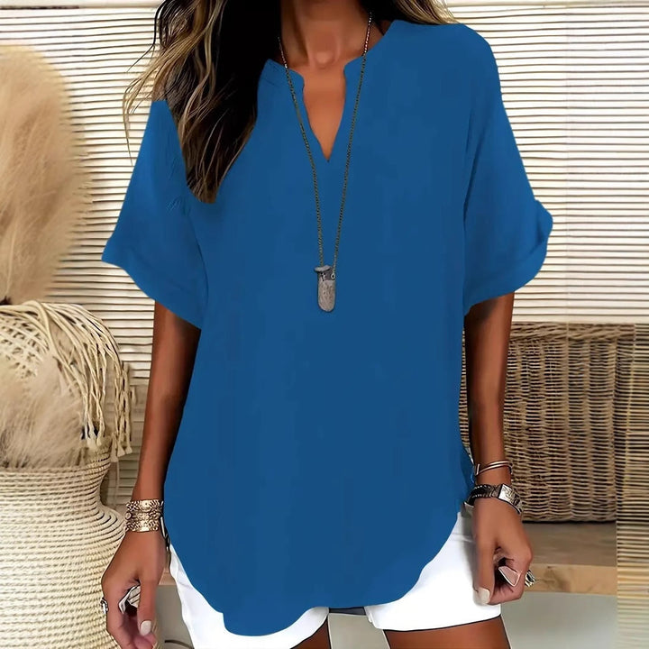 Women’s Blouse – Natural Fibers – Relaxed Fit – V-Neck – Short Sleeve – Hip Length