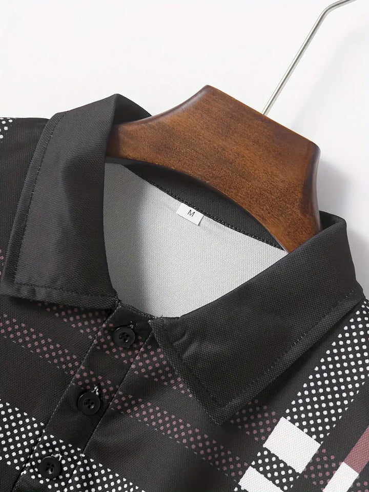 Men's Polo Shirt - Plaid Pattern - Slim Fit - Short Sleeve Button-Down Collar