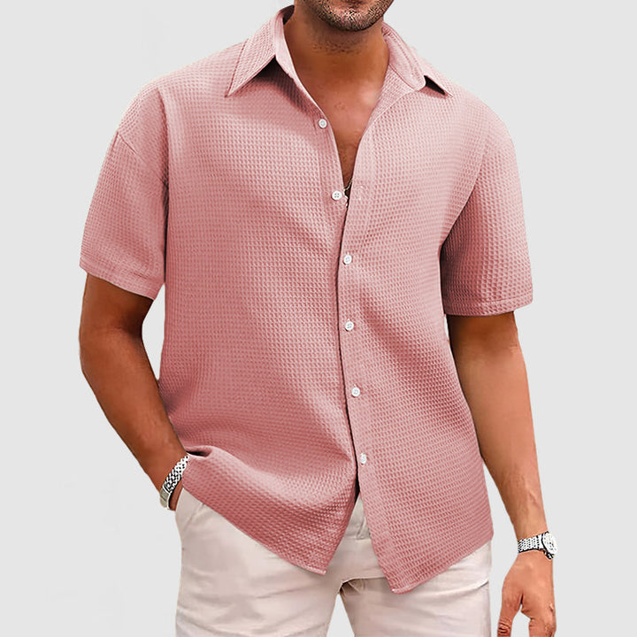 Men’s Short Sleeve Shirt - Relaxed Fit - Soft Waffle Knit - Button-Up Casual Style