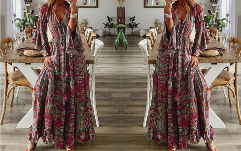 Women's Maxi Dress - Bohemian Paisley Print - Bell Sleeves - Deep V-Neck - Flowy Fit