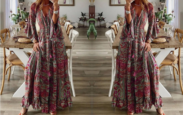 Women's Maxi Dress - Bohemian Paisley Print - Bell Sleeves - Deep V-Neck - Flowy Fit