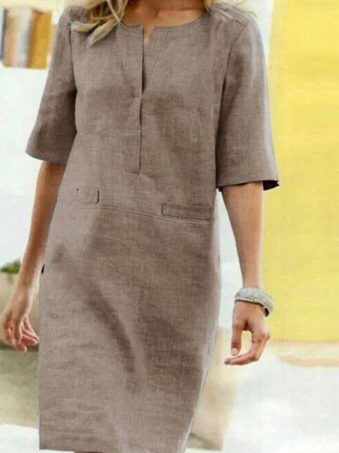 Women's Shift Dress - Linen Blend - Short Sleeve - Relaxed Fit - Knee Length - Pockets