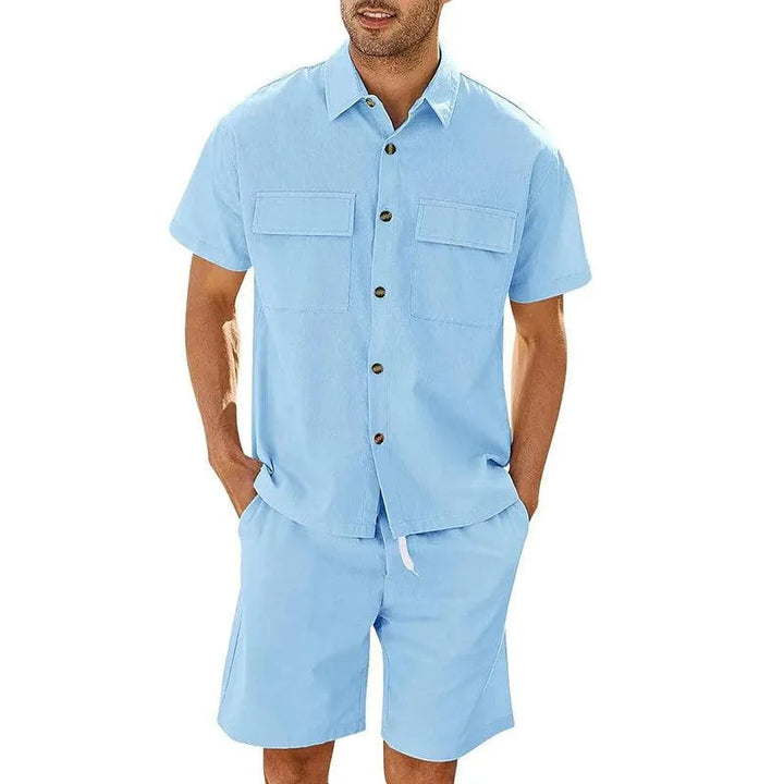 Men’s Shirt and Shorts Set – Relaxed Fit – Breathable Blend – Drawstring Waist – Button-Down