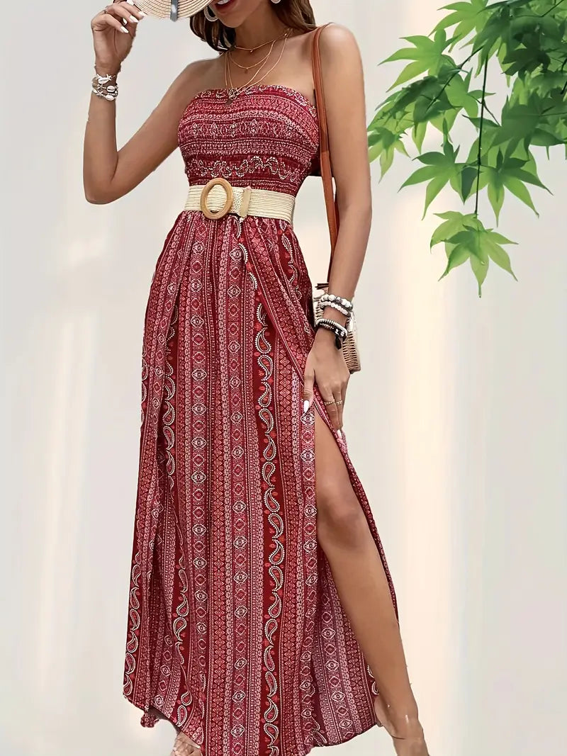 Women's Strapless Jumpsuit - Smocked Bodice - Wide-Leg Bohemian Print - Flowing Fit