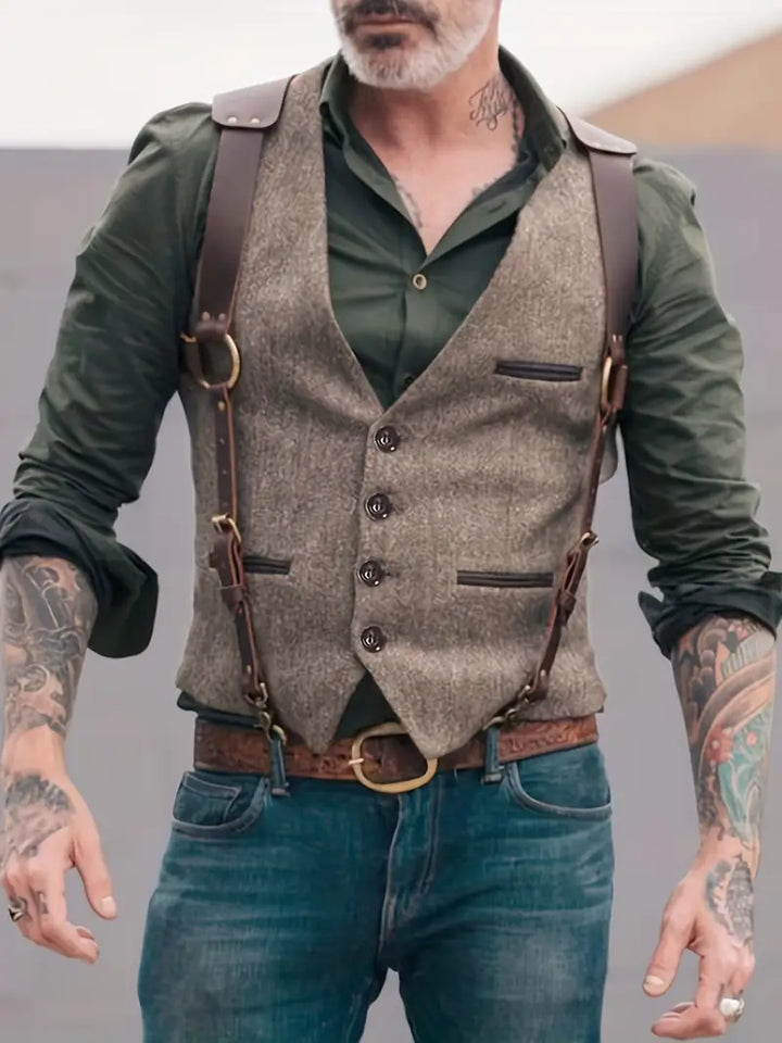Men’s Tweed Vest – Tailored Fit – V-Neck – Herringbone Pattern – Classic 5-Button Front