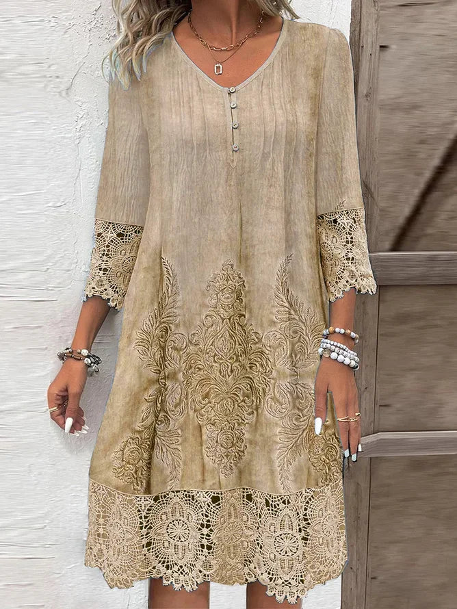 Women's A-Line Dress - V-Neck Button Front - 3/4 Sleeves Lace Detail - Embroidered Hem
