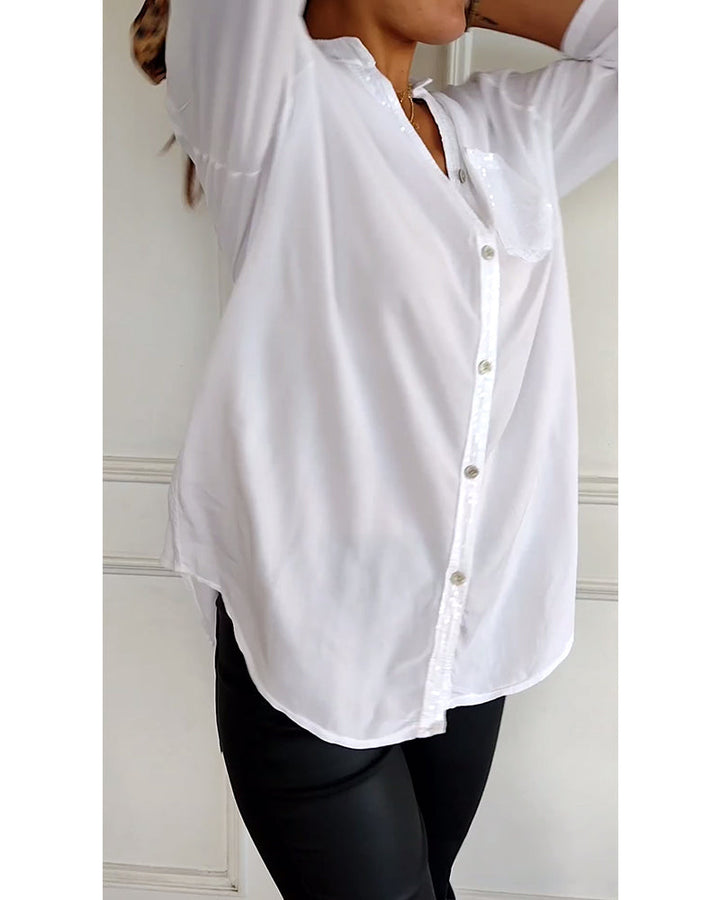 Women’s Blouse – Relaxed Fit – Sequin Placket and Pocket – Long Sleeve – Breathable Blend