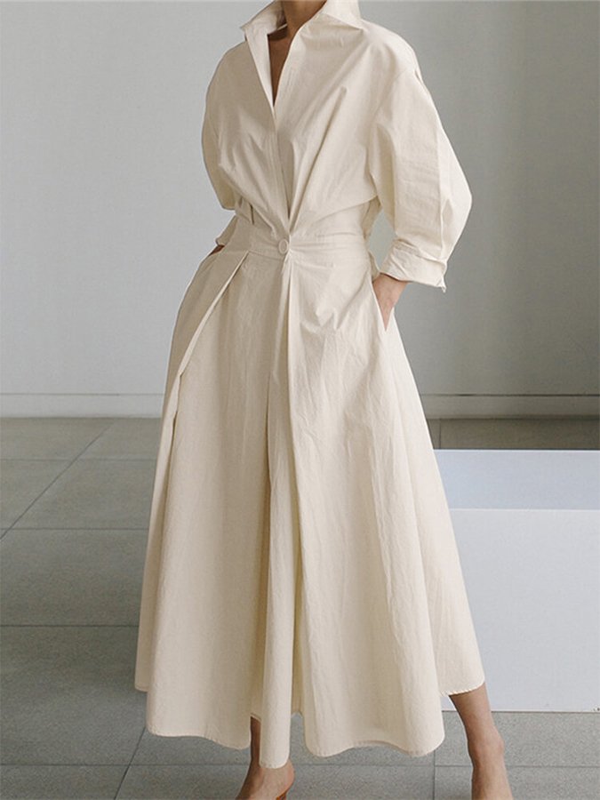 Women's Shirt Dress - Cotton Blend - Long Sleeve - Button Front - Cinched Waist Elegant Fit