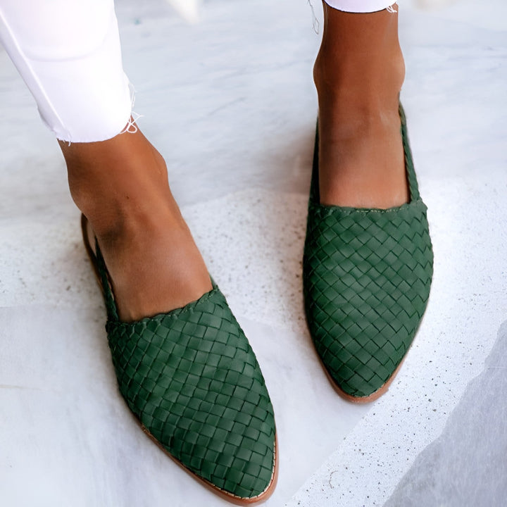 Women's Flat Slingback Shoes - Woven Braided Design - Pointed Toe - Adjustable Strap