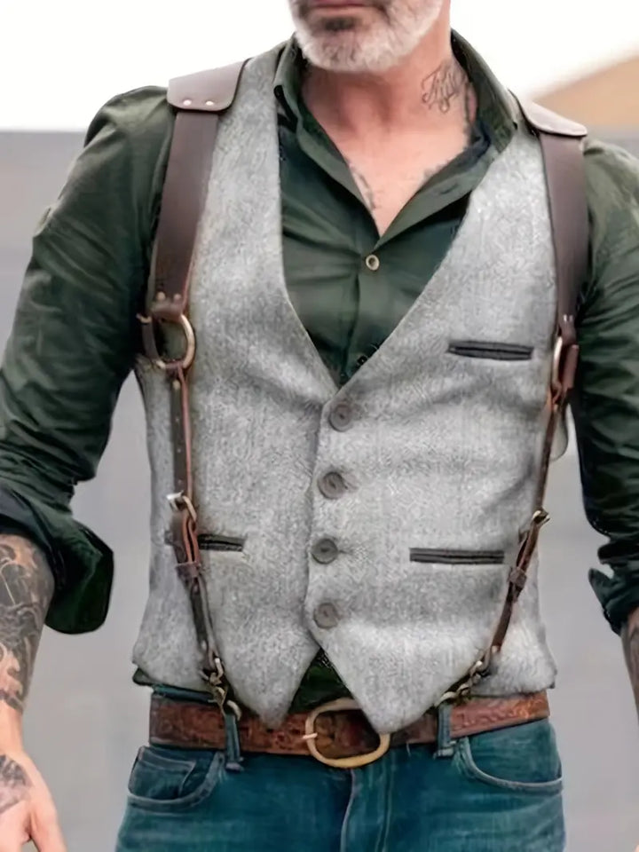 Men’s Tweed Vest – Tailored Fit – V-Neck – Herringbone Pattern – Classic 5-Button Front