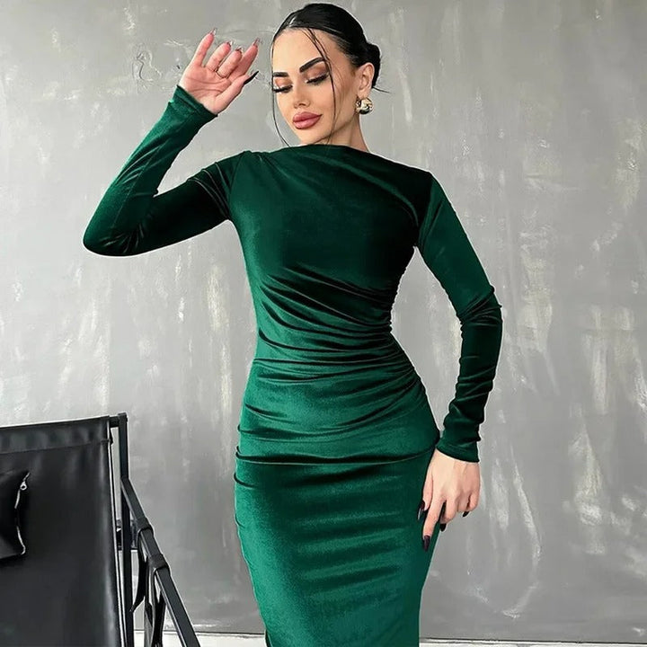 Women's Midi Dress - Fitted Bodycon - Long Sleeve High Neck - Ruched Waist Elegant Style