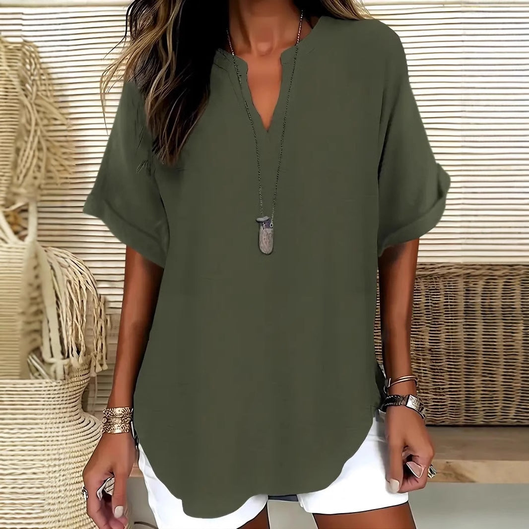 Women’s Blouse – Natural Fibers – Relaxed Fit – V-Neck – Short Sleeve – Hip Length