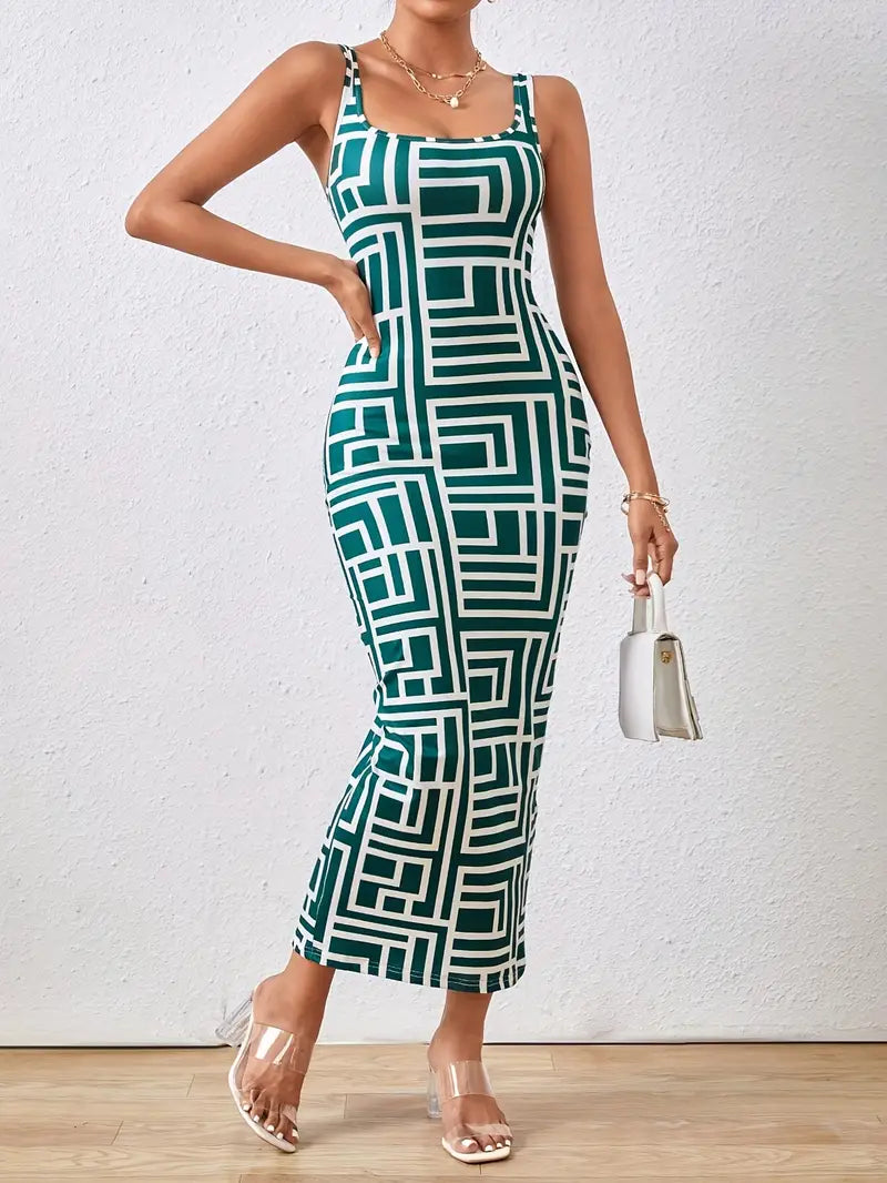 Women's Bodycon Dress - Geometric Pattern - Midi Length - Square Neck - Elegant Fit
