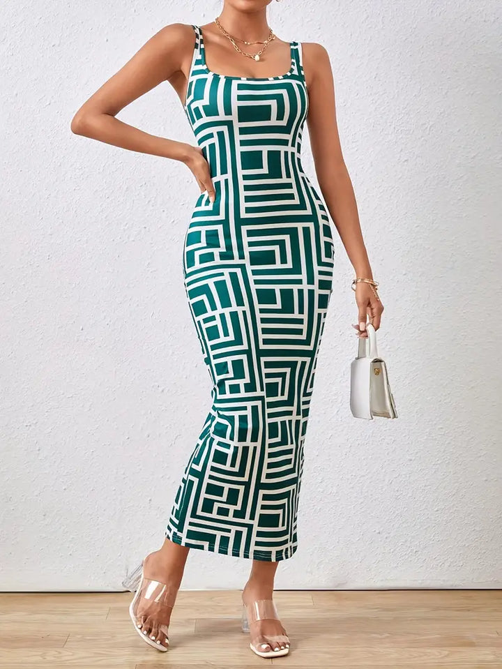 Women's Bodycon Dress - Geometric Pattern - Midi Length - Square Neck - Elegant Fit