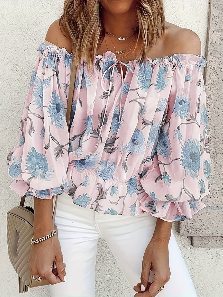 Women’s Off-Shoulder Blouse – Floral Print – Long Puff Sleeve – Tie Front – Casual Fit