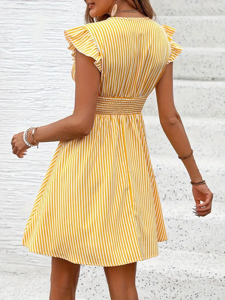 Women's A-Line Dress - Striped Pattern - V-Neck - Ruffled Cap Sleeves - Fitted Waist