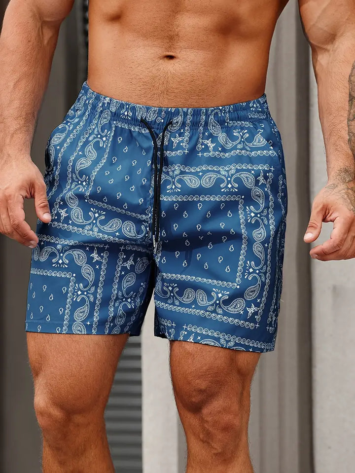 Men’s Swim Shorts - Mid-Thigh Length - Relaxed Fit - Bandana Print