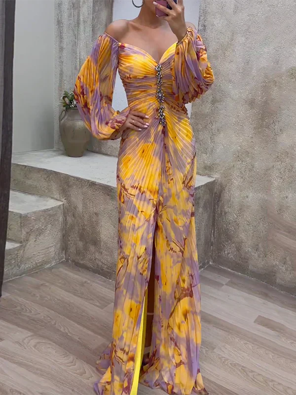 Women’s Evening Dress – Off Shoulder – V-Neck – Ruched Bodice – Full Length – Flowing Silhouette