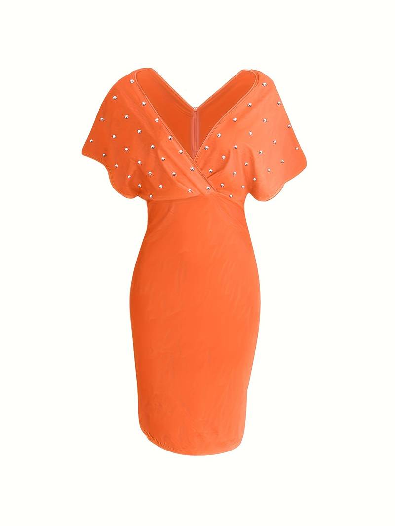 Women's Midi Dress - Fitted V-Neck - Short Sleeve Elegant Formal Wear