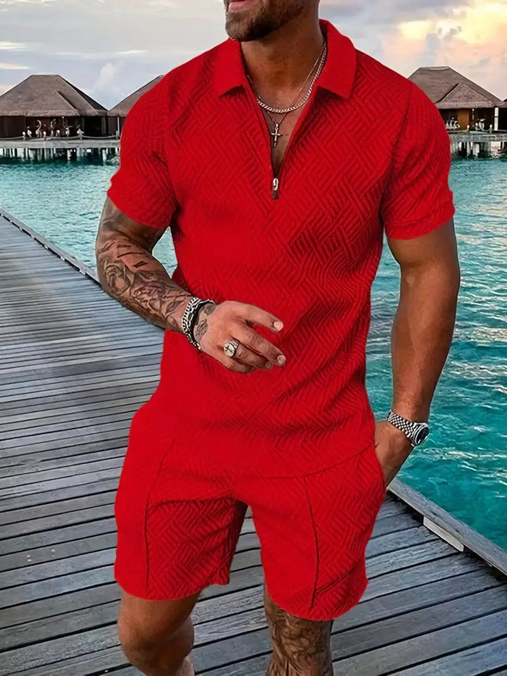 Men’s Polo Shirt and Shorts Set – Slim Fit – Zip Placket – Breathable Textured Fabric