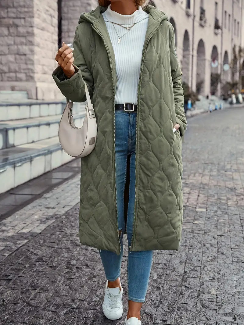 Women’s Quilted Coat – Relaxed Fit – Full Length – Hooded – Natural Fibers