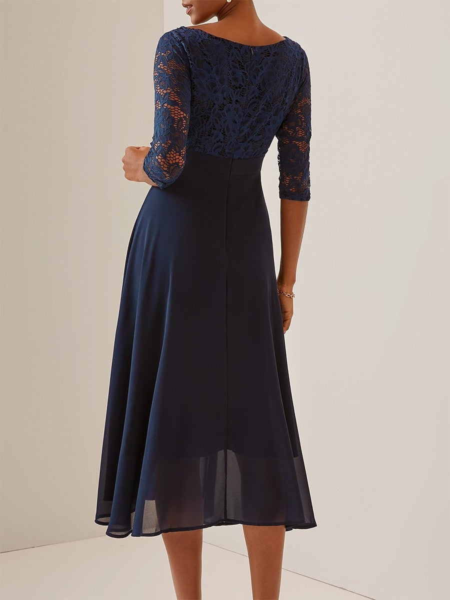 Women’s Midi Dress - Lace Bodice - Flowing A-Line Skirt - Mid Sleeve Elegant Fit