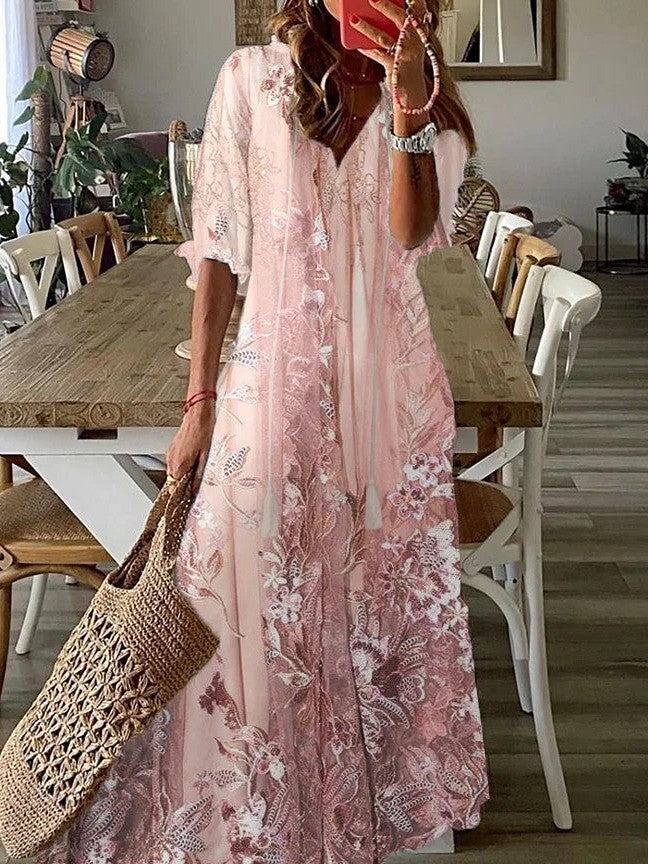 Women’s Maxi Dress - Lace Floral Design - V Neck - Loose Fit - Half Sleeve - Breathable Fabric