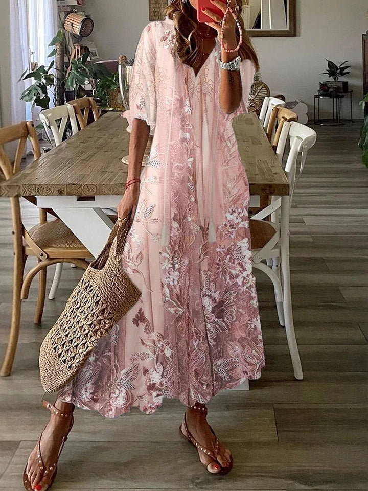 Women’s Maxi Dress - Lace Floral Design - V Neck - Loose Fit - Half Sleeve - Breathable Fabric