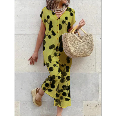 Women's Maxi Dress - Flowy Loose Fit - V-Neck Button Down - Short Sleeve Casual Wear