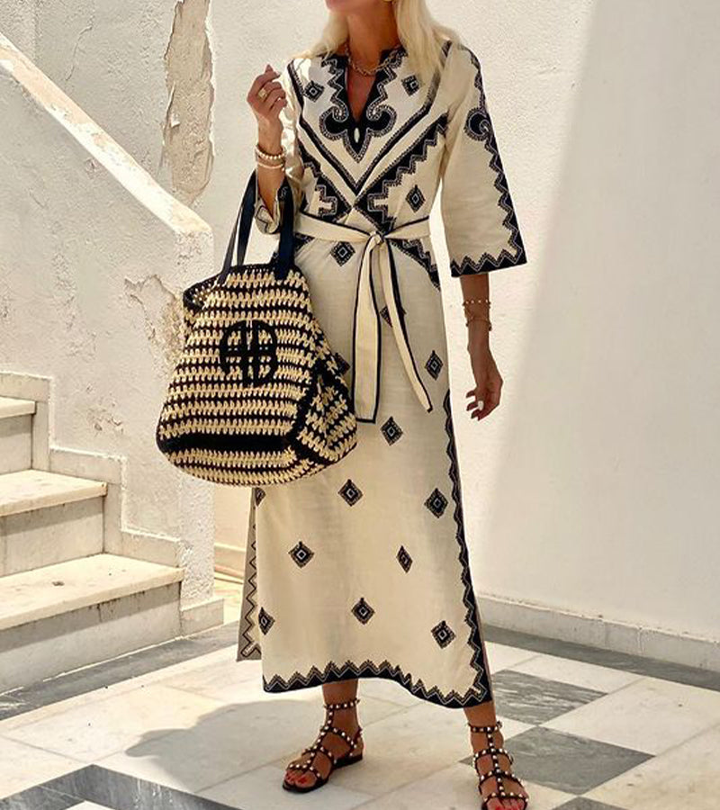 Women's Kaftan Dress - Embroidered V-Neck - Flowing Fit with Waist Belt - 3/4 Sleeve