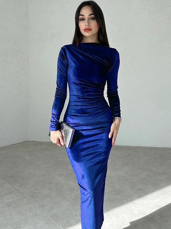 Women's Midi Dress - Fitted Bodycon - Long Sleeve High Neck - Ruched Waist Elegant Style