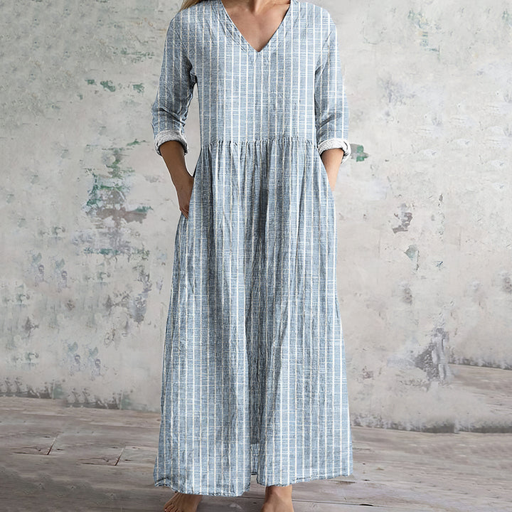 Women’s Maxi Dress – Natural Fibers – Relaxed Fit – V-Neck – Long Sleeve – Striped Pattern