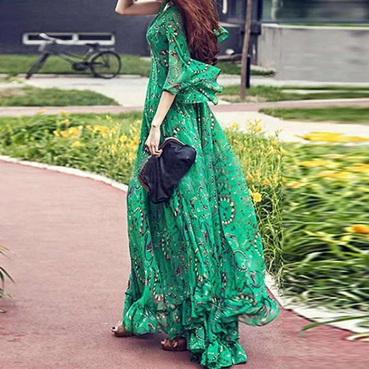 Women's Maxi Dress - Flowing Relaxed Fit - V-Neck - Three-Quarter Sleeve - Patterned