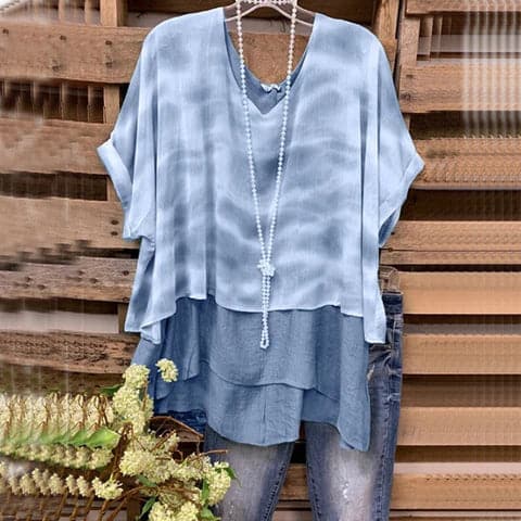 Women’s Blouse - Layered Design - V-Neck - Loose Fit - Short Sleeve - Breathable Blend