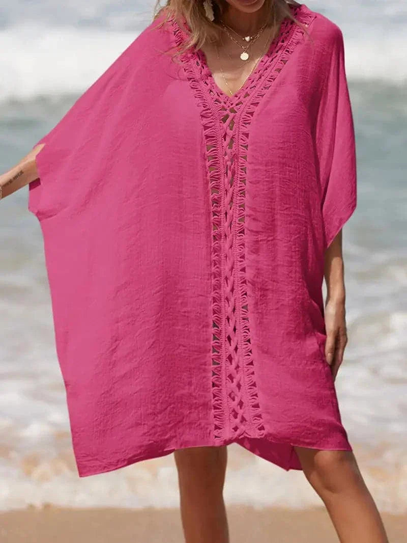 Women’s Kimono Cover-Up – Natural Fibers – Relaxed Fit – V-Neck – Lace Trim – Short Sleeve
