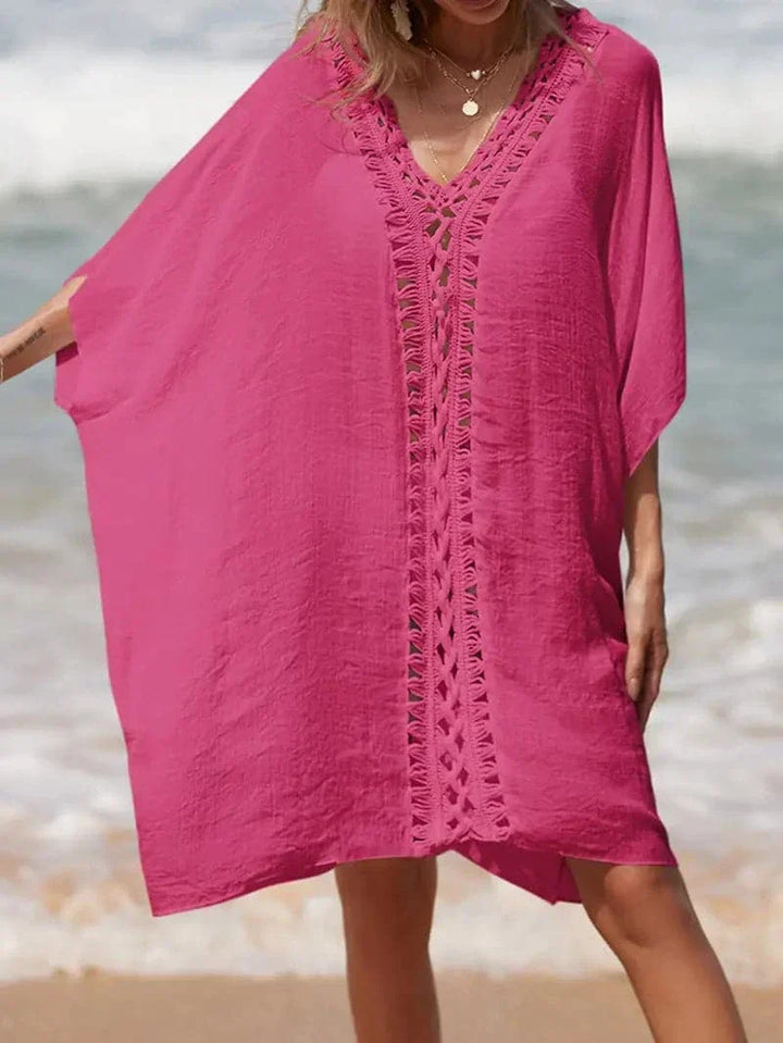 Women’s Kimono Cover-Up – Natural Fibers – Relaxed Fit – V-Neck – Lace Trim – Short Sleeve