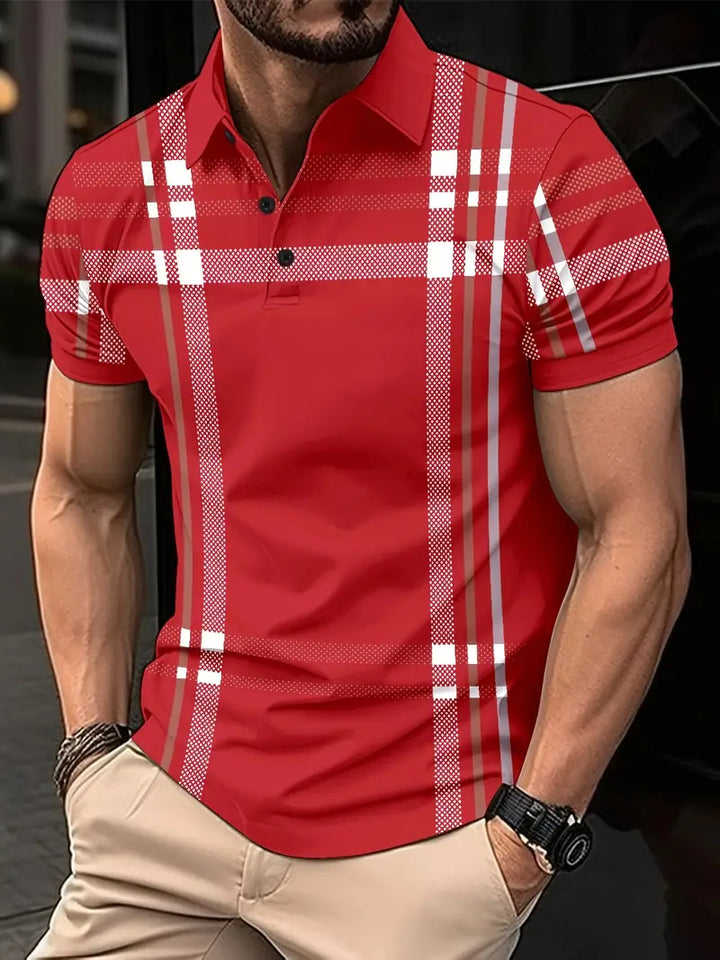 Men's Polo Shirt - Plaid Pattern - Slim Fit - Short Sleeve Button-Down Collar