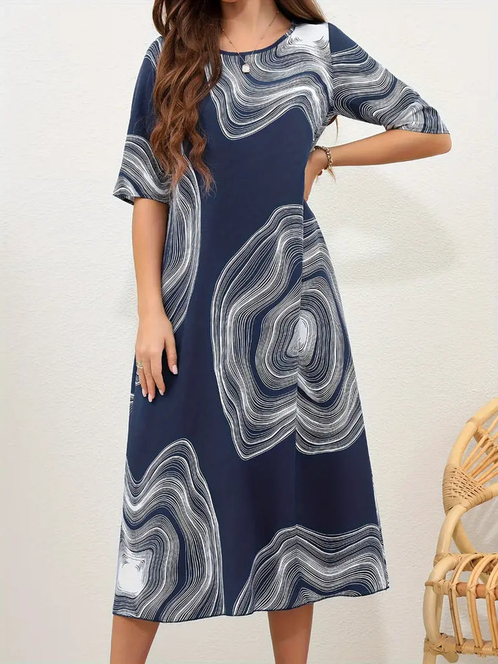 Women's Midi Dress - Abstract Pattern - A-Line Relaxed Fit - Half Sleeve Round Neck